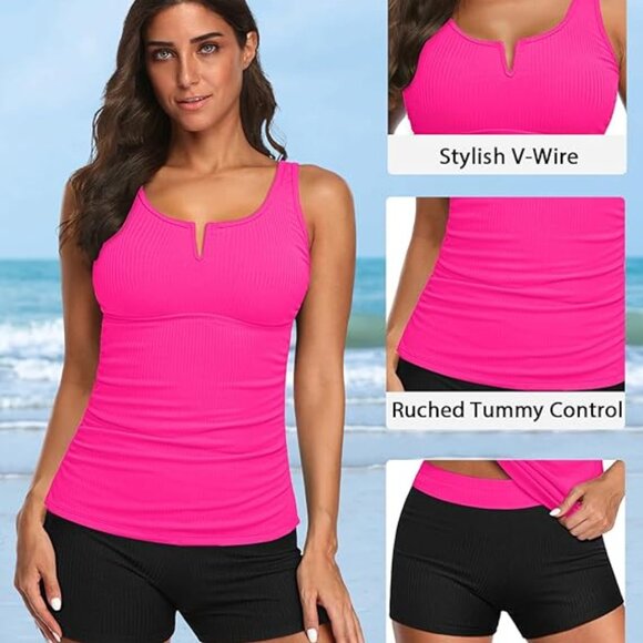 Daci Womens 2 Piece Tankini Swimsuit - Pink & Black Size Medium - Picture 2 of 8